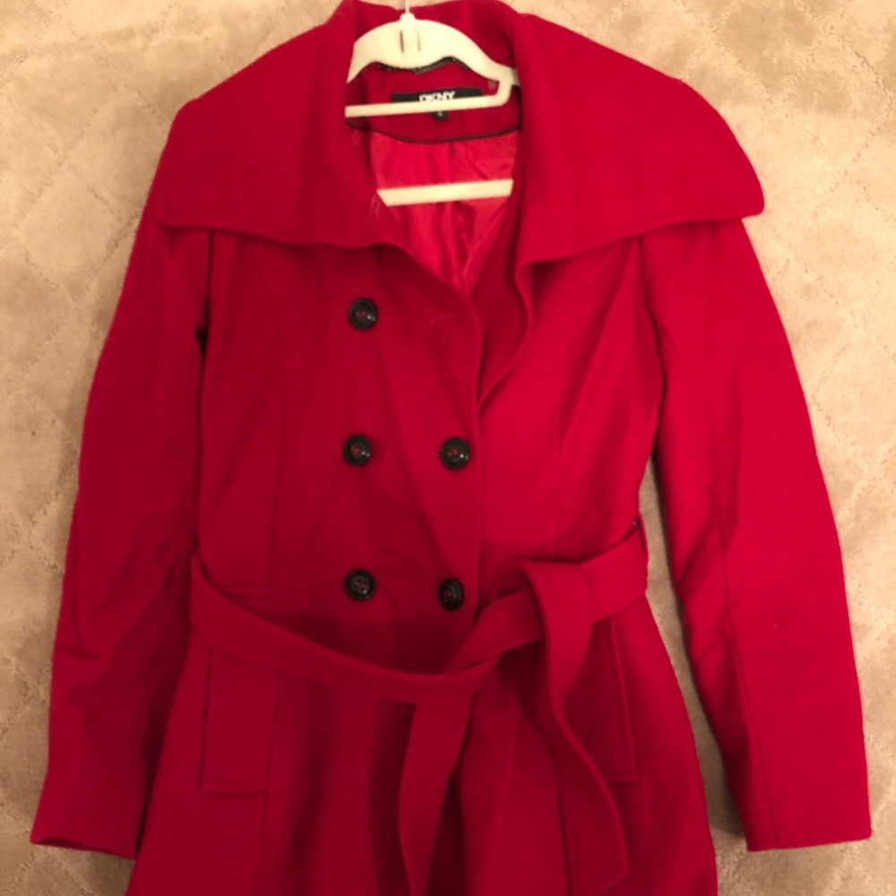 DKNY Womens Red Pea Coat